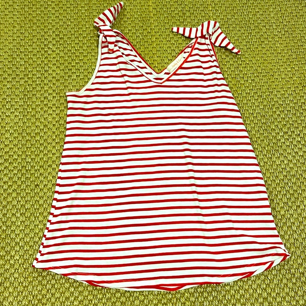 Hailey & co red and white striped tank top with tassels on sleeves.